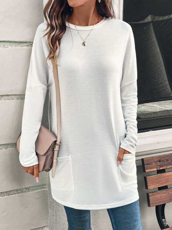 Women's Solid Color Long Sleeve Loose Round Neck Pocket Top T-shirt - Image 5