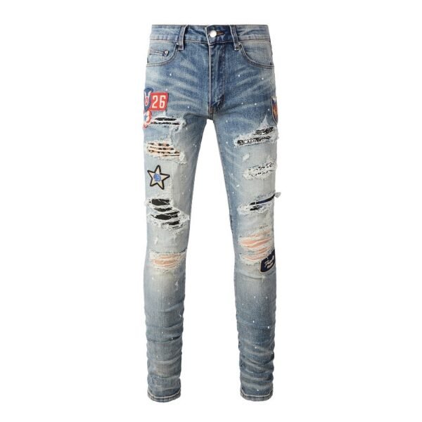 Medal Printed Badge Ripped Jeans Men - Image 5