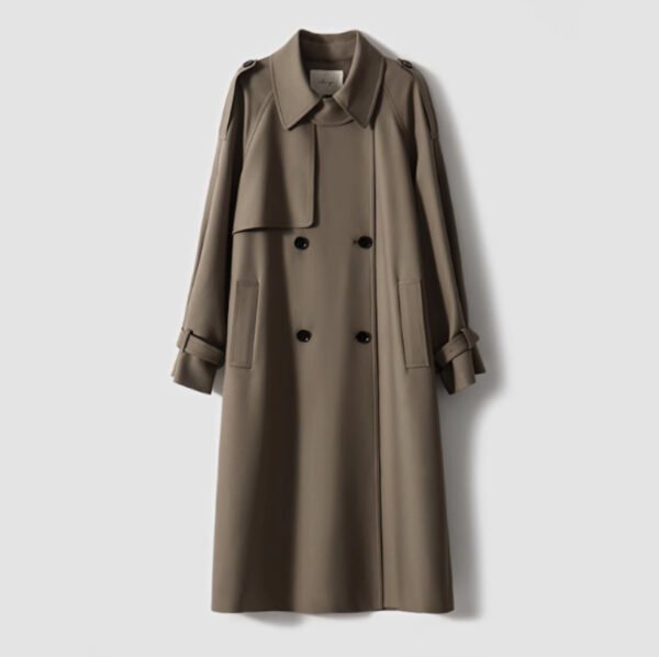 Twill Large Lapel Double Breasted Lacing Mid-length Trench Coat - Image 3