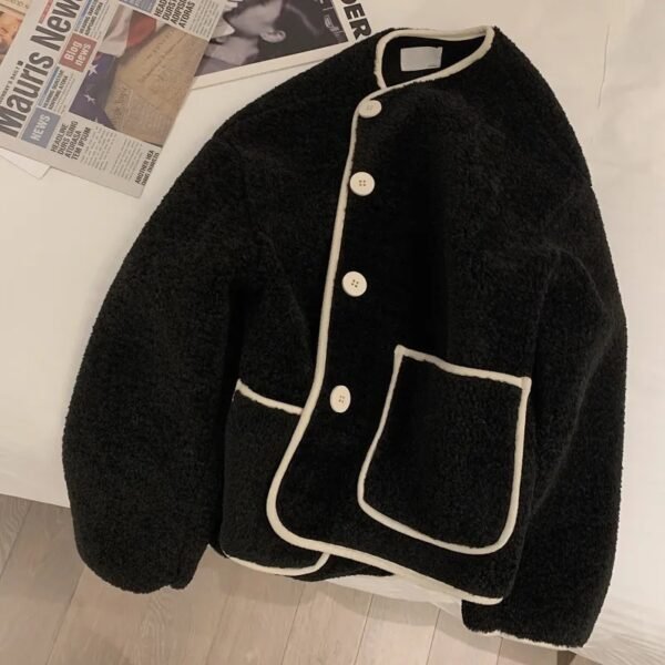 Khaki Round Neck Lamb Wool Coat For Women - Image 4