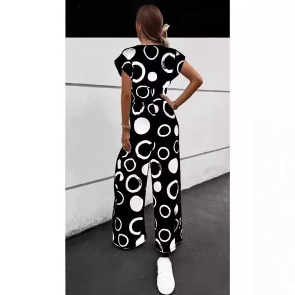 Fashion Elegant Casual V-neck High Waist Print Wide Leg Belt Jumpsuit - Image 4