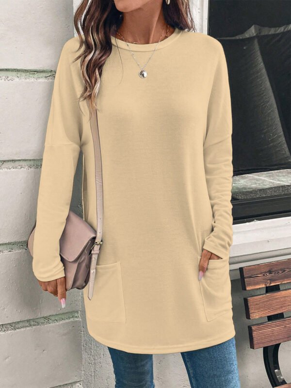 Women's Solid Color Long Sleeve Loose Round Neck Pocket Top T-shirt - Image 9