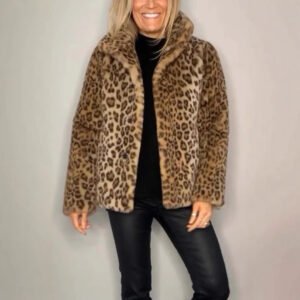 Winter Women's Leopard Print Lapel Faux Leather Woolen Coat