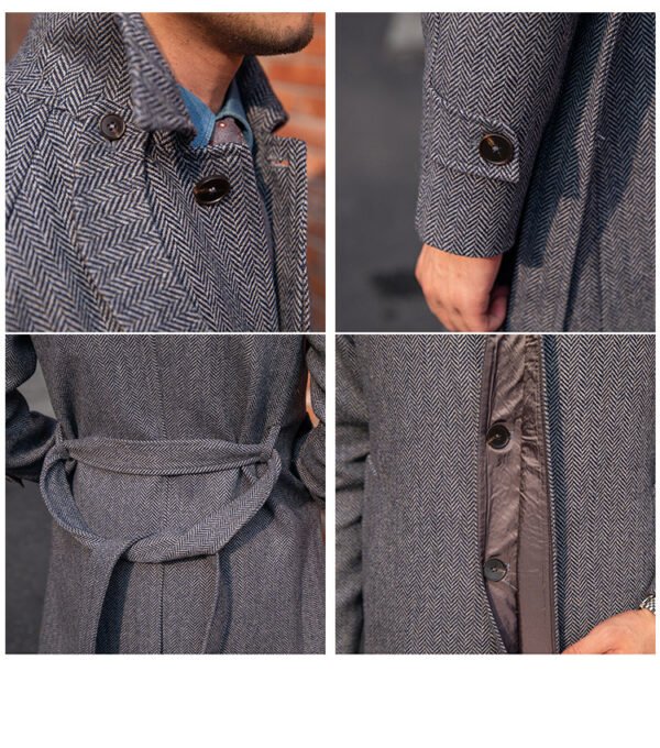 Men's Herringbone Wool Slim Fit Mid Length Coat - Image 8