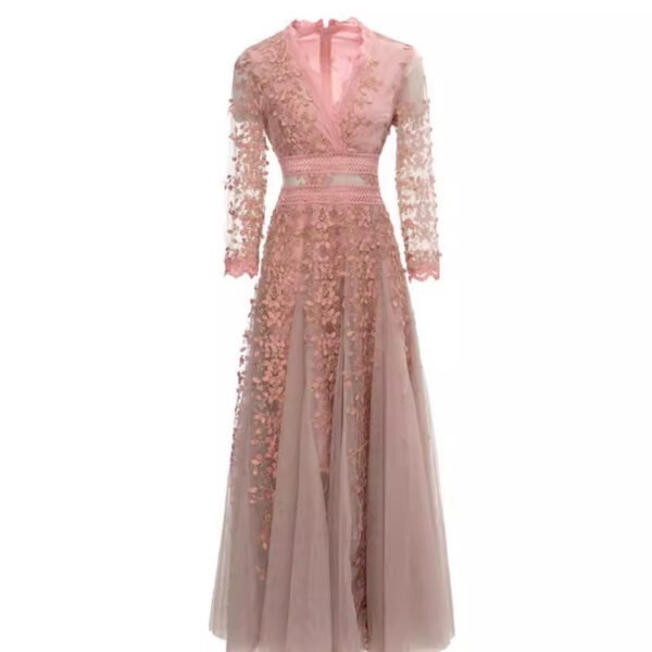 V-neck Ninth Sleeve Fitted Waist Bubble Wide Hem Gauzy Dress - Image 4