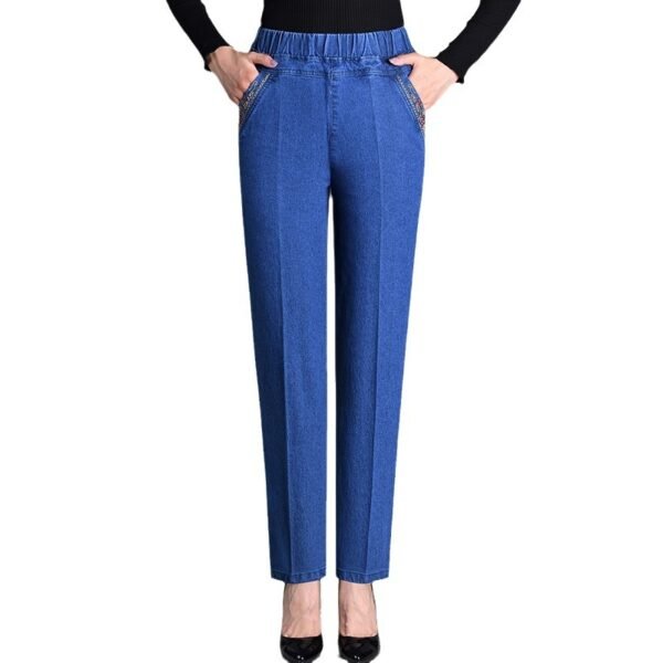 Thin Elastic High Waist Denim Straight-leg Trousers - Image 2
