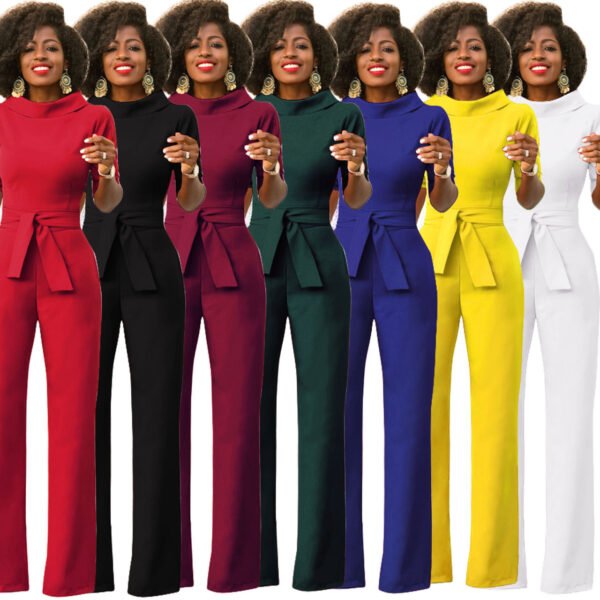 Women's Solid Color Five Quarter Sleeve High Waist Wide Leg Jumpsuit - Image 2