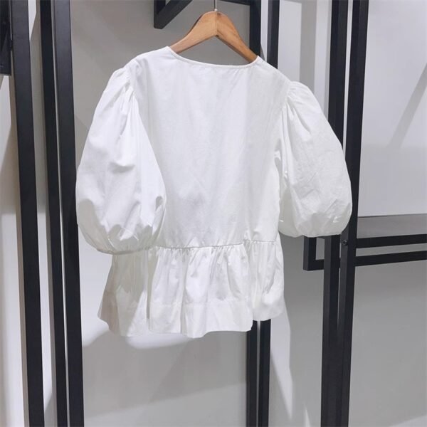 Women's Sweet Round Neck Lace-up Bow Tie Puff Sleeve Solid Color Shirt - Image 10