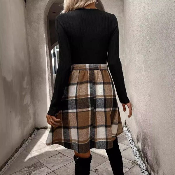 Autumn And Winter New Women's Clothing Sunken Stripe Stitching Plaid Lace-up Dress - Image 2