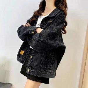 Loose Embroidered Lettered Black Denim Jacket