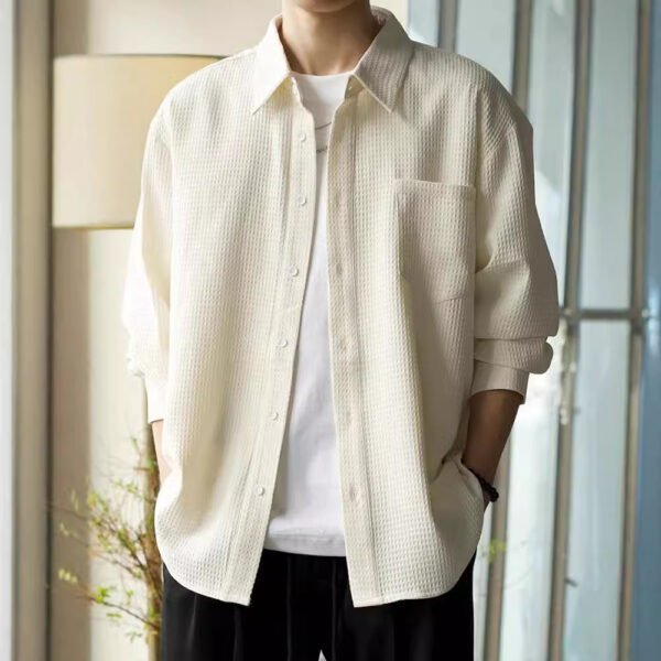 Waffle Polo Collar Jacket Casual Loose Men's Shirt - Image 3