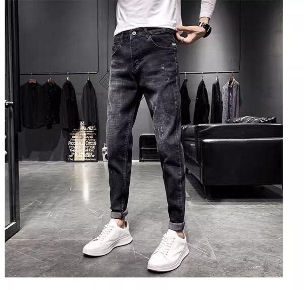 Jeans Men's Black Tapered Cropped Elastic Slim Fit Slimming - Image 5