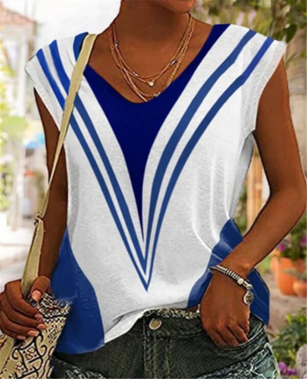 V-neck Casual Loose Striped Printed Short Sleeve T-shirt - Image 3