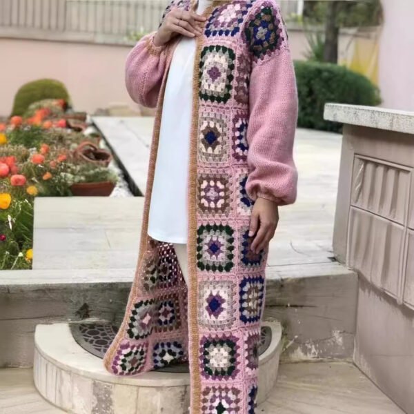 Color Plaid Round Neck Long Coat - Image 2