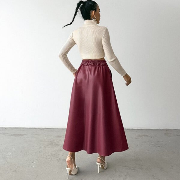 Wine Red Faux Leather High Waist Skirt - Image 4