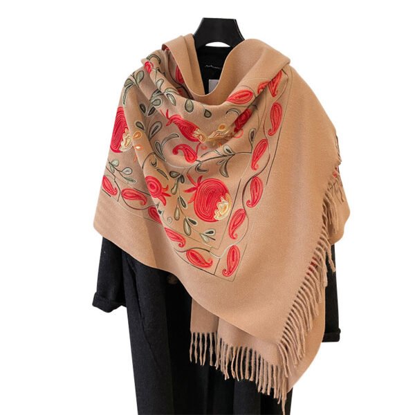 Contrast Color Pomegranate Leaf Embroidered Double-sided Shawl - Image 5
