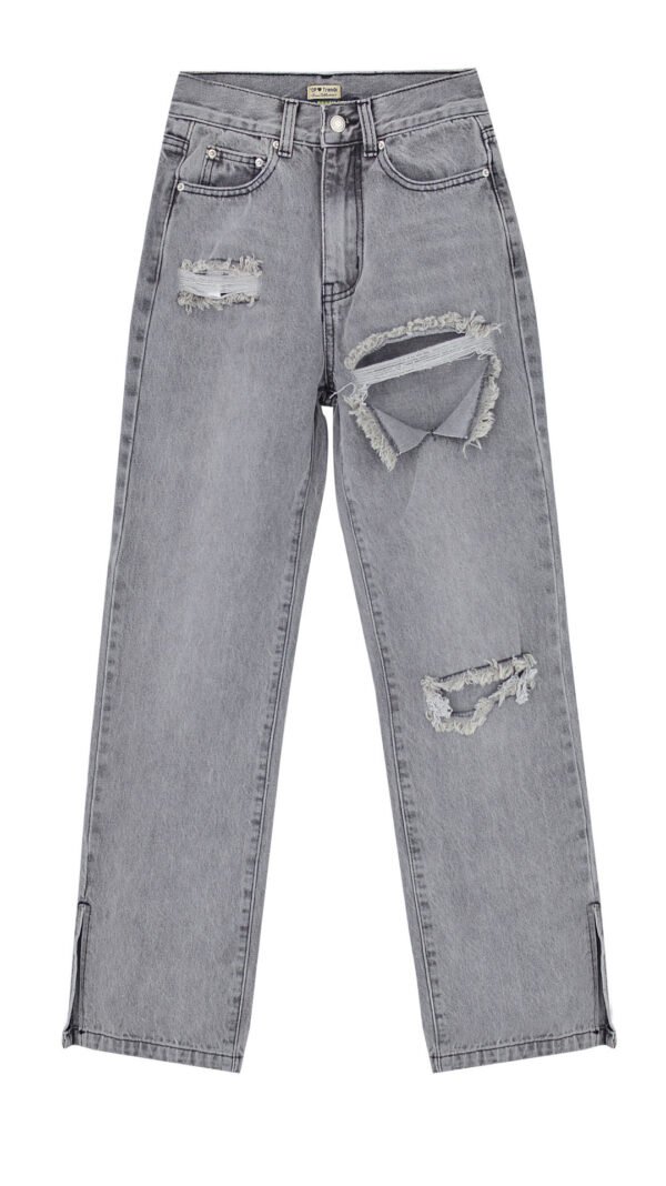Women's High Waist Sand Gray Straight-leg Denim Trousers - Image 6