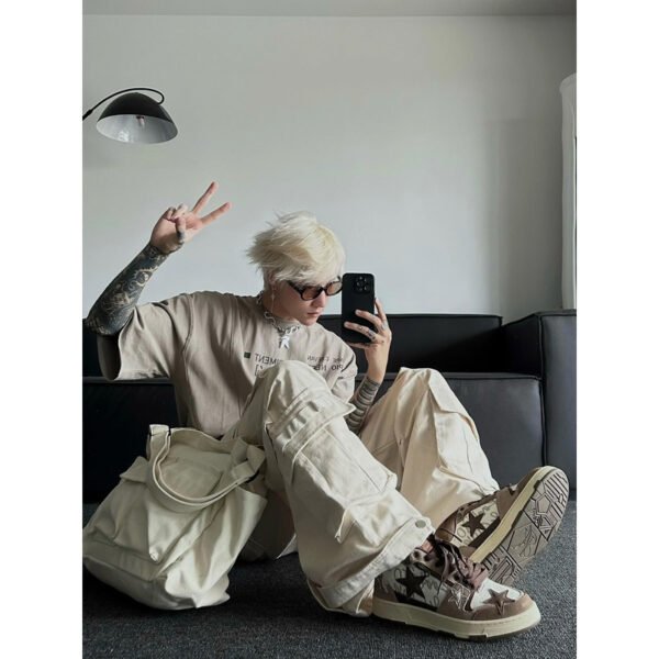 Beige And White Overalls Men Multi-pocket Design - Image 4