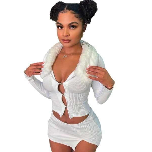 Fur Collar Hollow Out Button Long Sleeve Top Split Skirt Suit - Image 5
