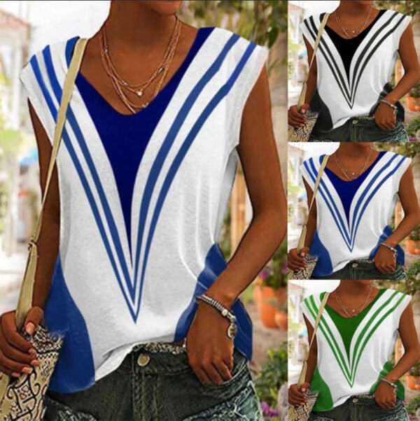 V-neck Casual Loose Striped Printed Short Sleeve T-shirt - Image 6