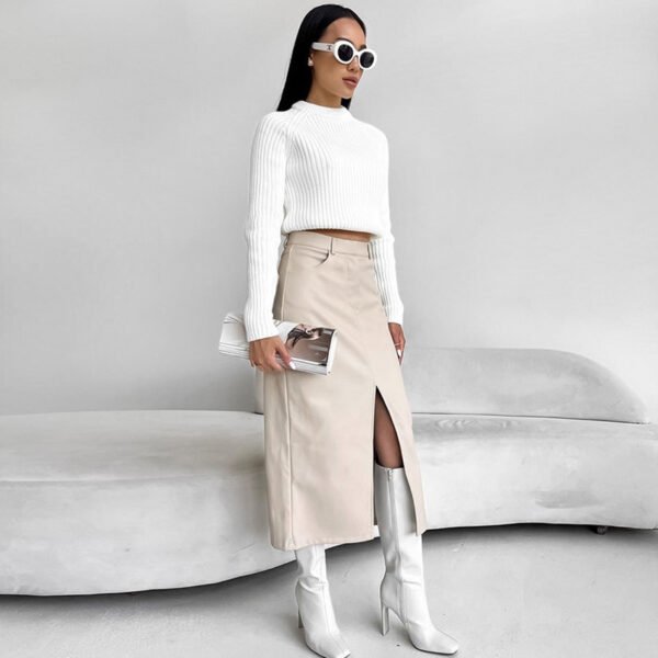 Vintage Fleece-lined PU Leather Leather Skirt - Image 4