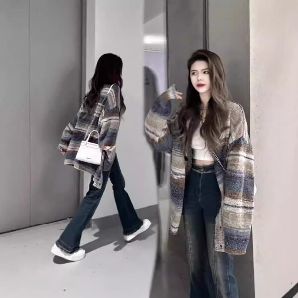 Contrast Color Striped Cardigan Sweater - Image 2
