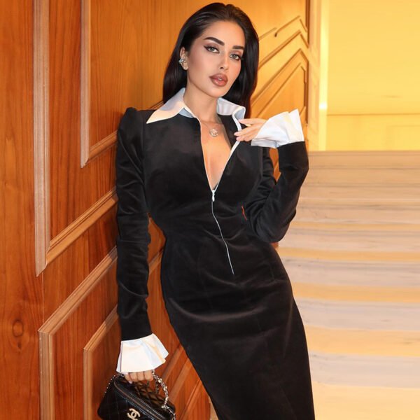 Contrast Color Lapels Long Sleeve Zipper Dress - Image 3