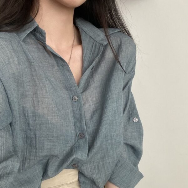 Simple Solid Color Single-breasted Lapel Ruffle Long Sleeve Shirt - Image 8