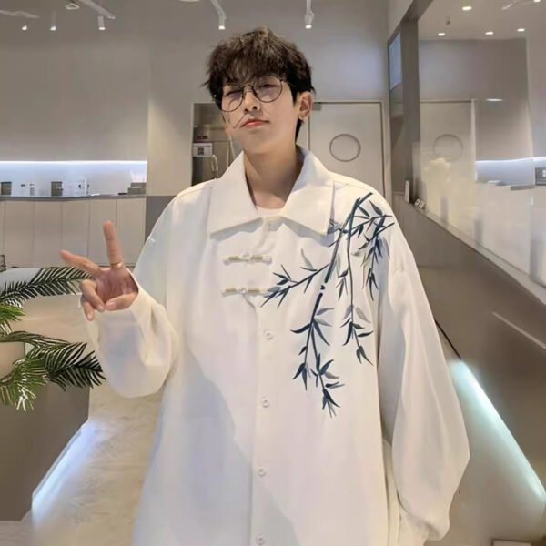 Bamboo Embroidered Long-sleeved Shirt Men's Hanfu Chinese Frog Tang Suit Robe Shirt Coat - Image 3