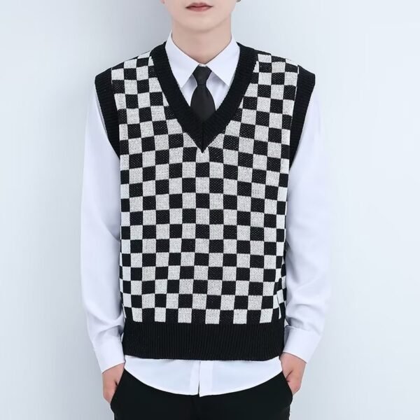 V-neck Knitted Boys' Checkered Sweater Vest - Image 7