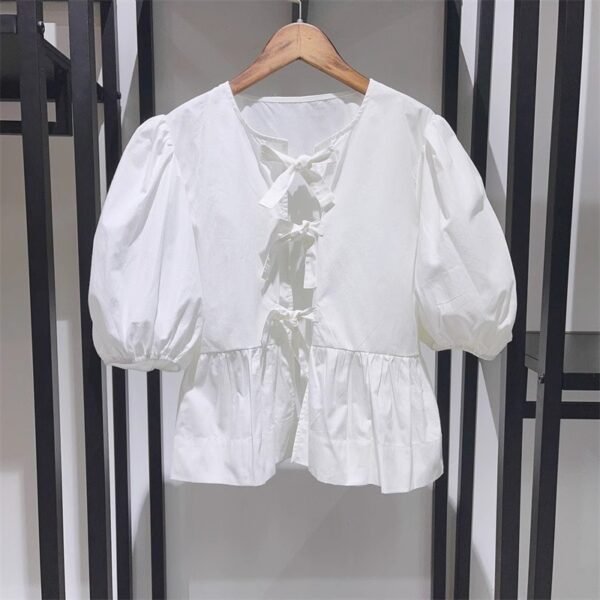 Women's Sweet Round Neck Lace-up Bow Tie Puff Sleeve Solid Color Shirt - Image 6