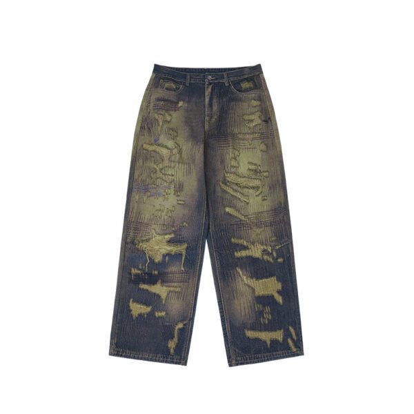 Autumn And Winter New American Street Fashion Printed Denim Wide Leg Pants For Men - Image 5