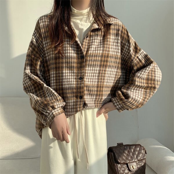 Retro Brushed Plaid Long-sleeved Shirt For Women - Image 6