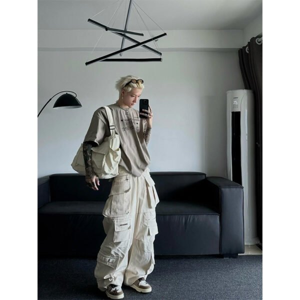 Beige And White Overalls Men Multi-pocket Design - Image 2