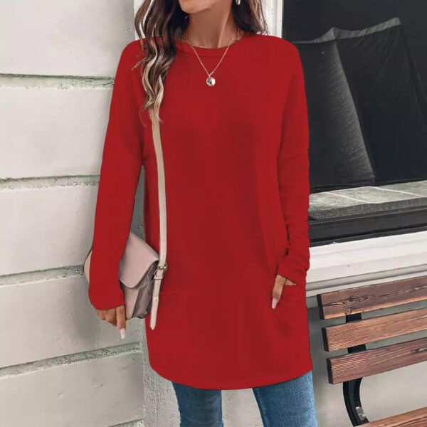 Women's Solid Color Long Sleeve Loose Round Neck Pocket Top T-shirt - Image 2