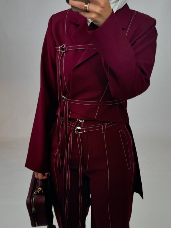 Burgundy Lace-up Top & High-waisted Pants Set - Image 4
