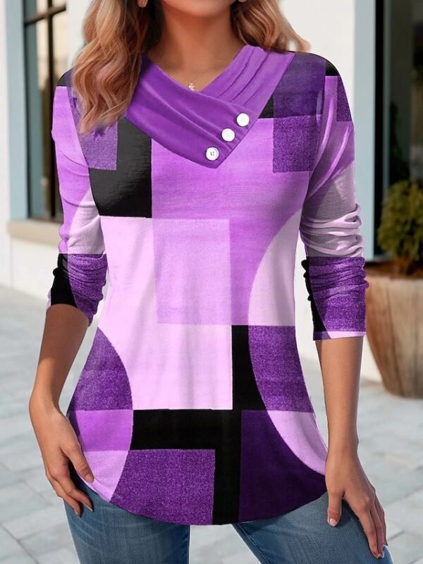 Women's Geometric Stitching Contrast Color V-neck Top - Image 3