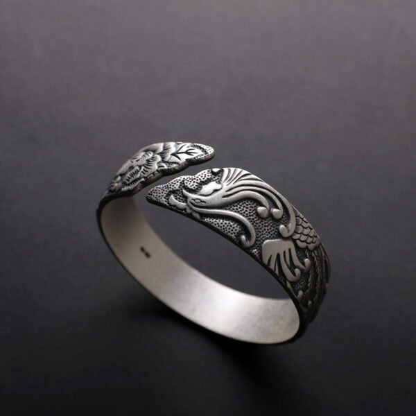 S999 Pure Silver Phoenix Peony Wide Side Thai Silver Matte Retro Ethnic Style  Bracelet Women - Image 2