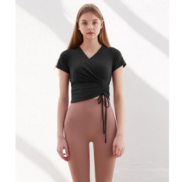 Summer Fashion New Short Sleeve Yoga Suit V-neck Cross Rope Waist Slimming Sports Pilates Ballet Style - Image 2