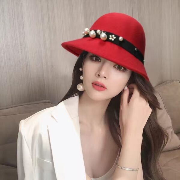 Top Hat Women's Fashion Big Brim Pearl Woolen Felt Hat - Image 4