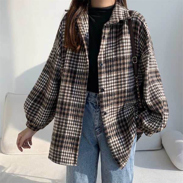Retro Brushed Plaid Long-sleeved Shirt For Women - Image 7