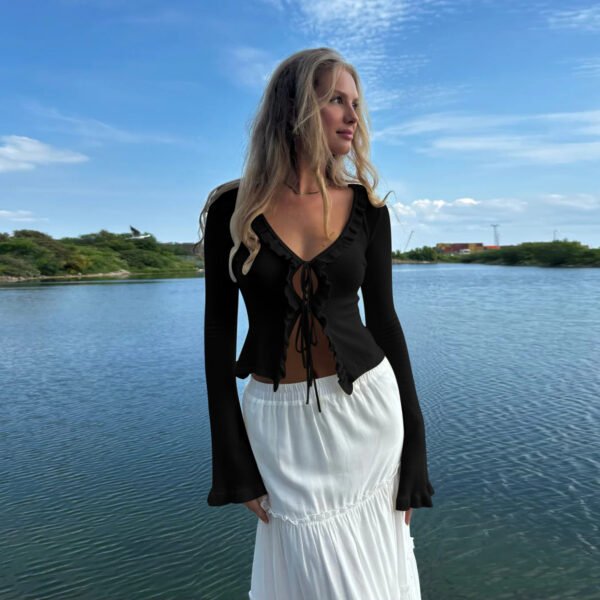 Women's Fashion Frill Lace-up Bell Sleeve Top - Image 7