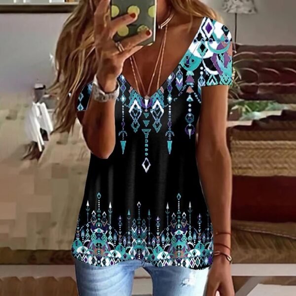 New 3D Map Printed Pattern V-neck Short Sleeve - Image 2