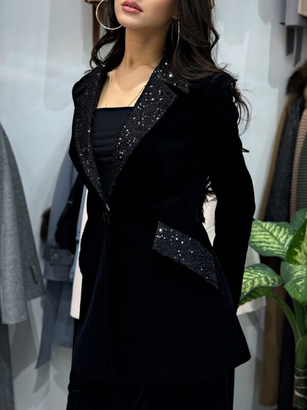 Velvet Patchwork Sequined Blazer & High-waisted Pants Suit - Image 4