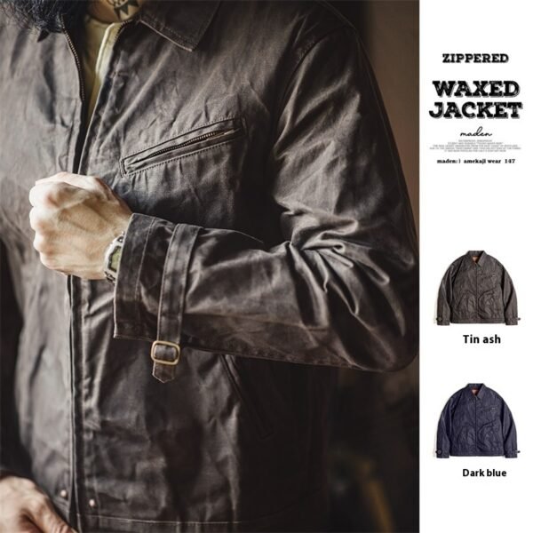 American Retro Four-generation Canvas Oil Wax Jacket Amekaji Tough Guy Zipper Short Coat - Image 2