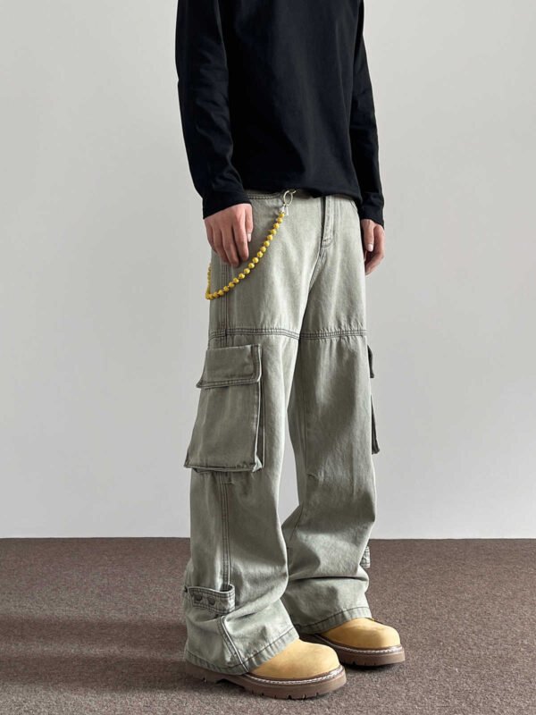 Large Pocket Denim Overalls Men's Straight Flared Trousers - Image 5
