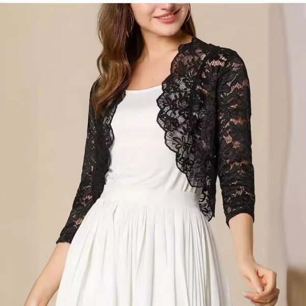 Ladies' Vest Short Collarless Cardigan Top Solid Color Elegant Lace Shirt - Image 2