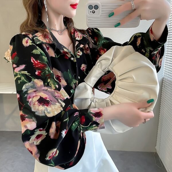 New Loose Lantern Sleeve Chiffon Printed Shirt For Women - Image 4