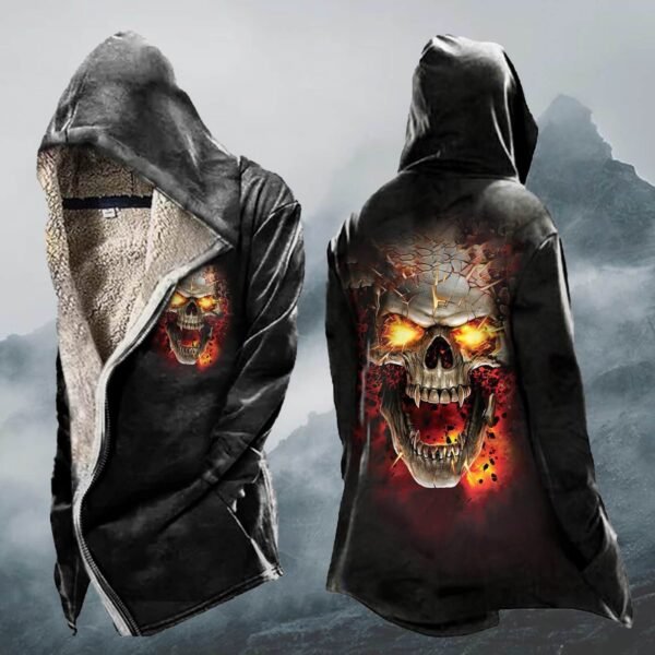 Autumn Winter Fleece Thickened Skull Print Coat Trench Coat - Image 3