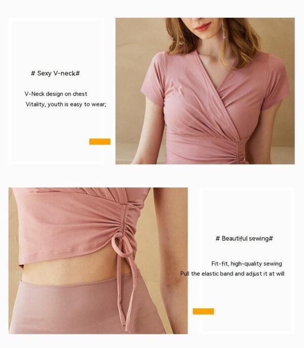 Summer Fashion New Short Sleeve Yoga Suit V-neck Cross Rope Waist Slimming Sports Pilates Ballet Style - Image 9